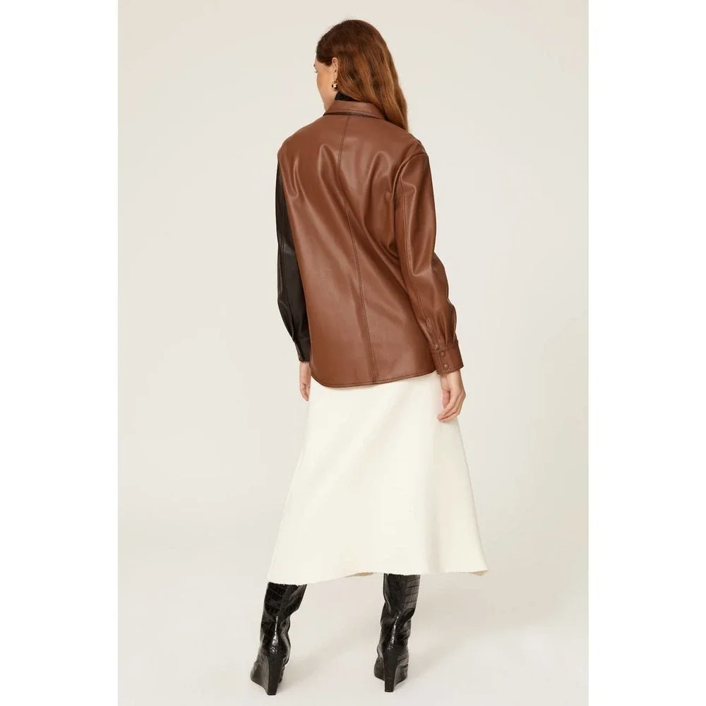 SFIZIO Faux Leather Patchwork Shacket  Brown and White Women's Size M - Picture 3 of 11